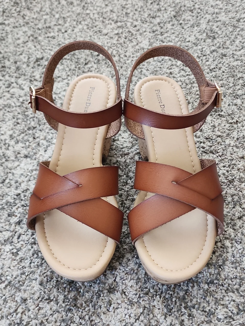 NIB Pierre Dumas Brown Cork Wedge Sandals - Open Toe Ankle Strap 8